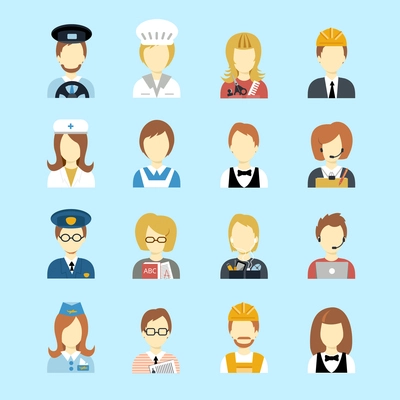 Set of occupations profession peoples avatar in flat color style vector illustration