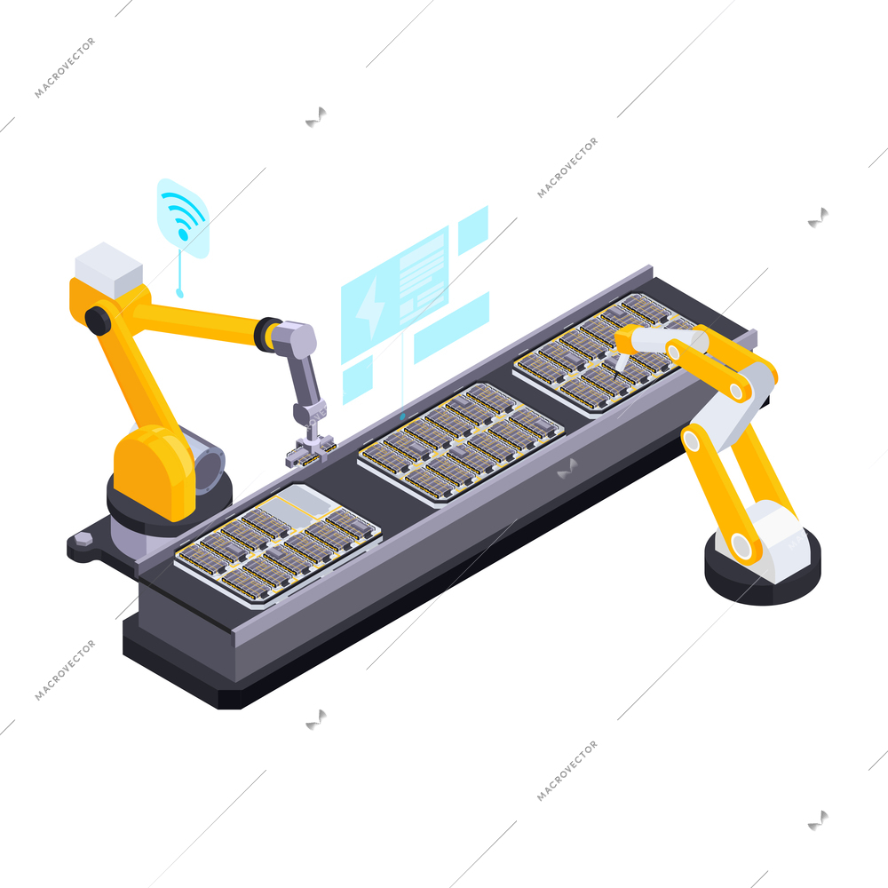 Electric vehicle production isometric composition with remotely controlled manipulators assembling batteries for electric automobiles vector illustration