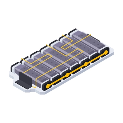 Electric vehicle production isometric composition with isolated image of power batteries for electric automobile vector illustration