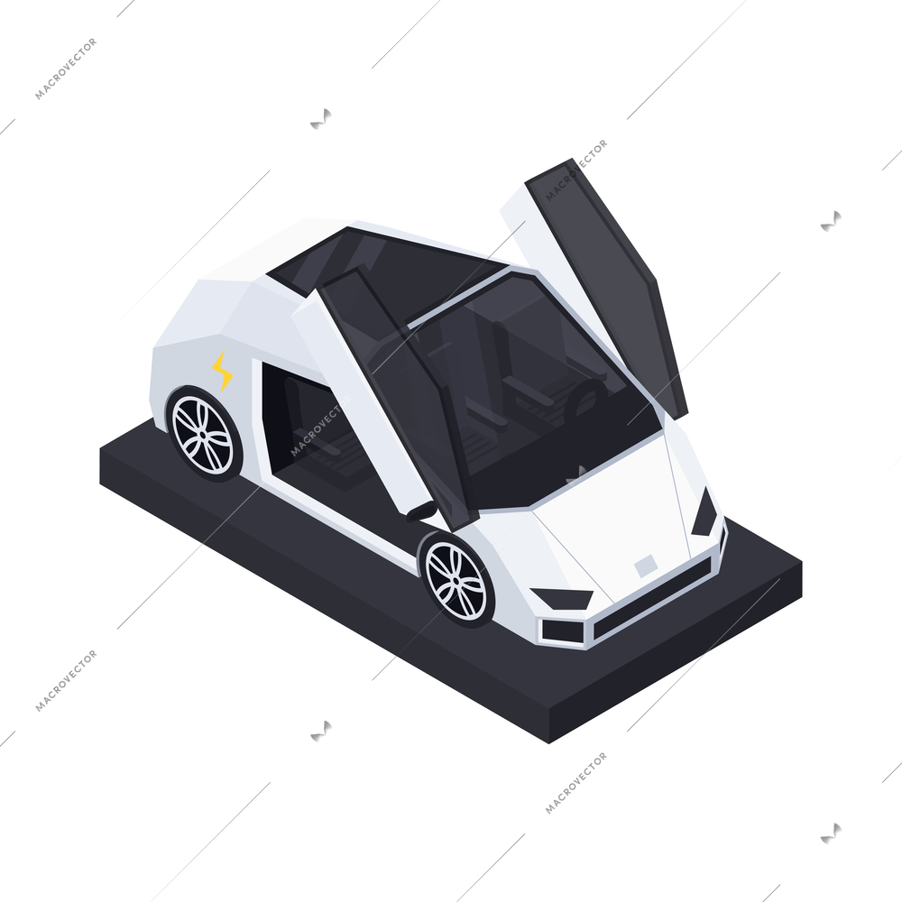 Electric vehicle production isometric composition with isolated image of futuristic car on platform vector illustration