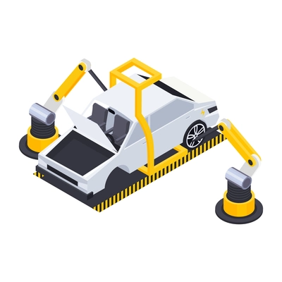 Electric vehicle production isometric composition with view of industrial production facilities conveyor manipulators building car vector illustration