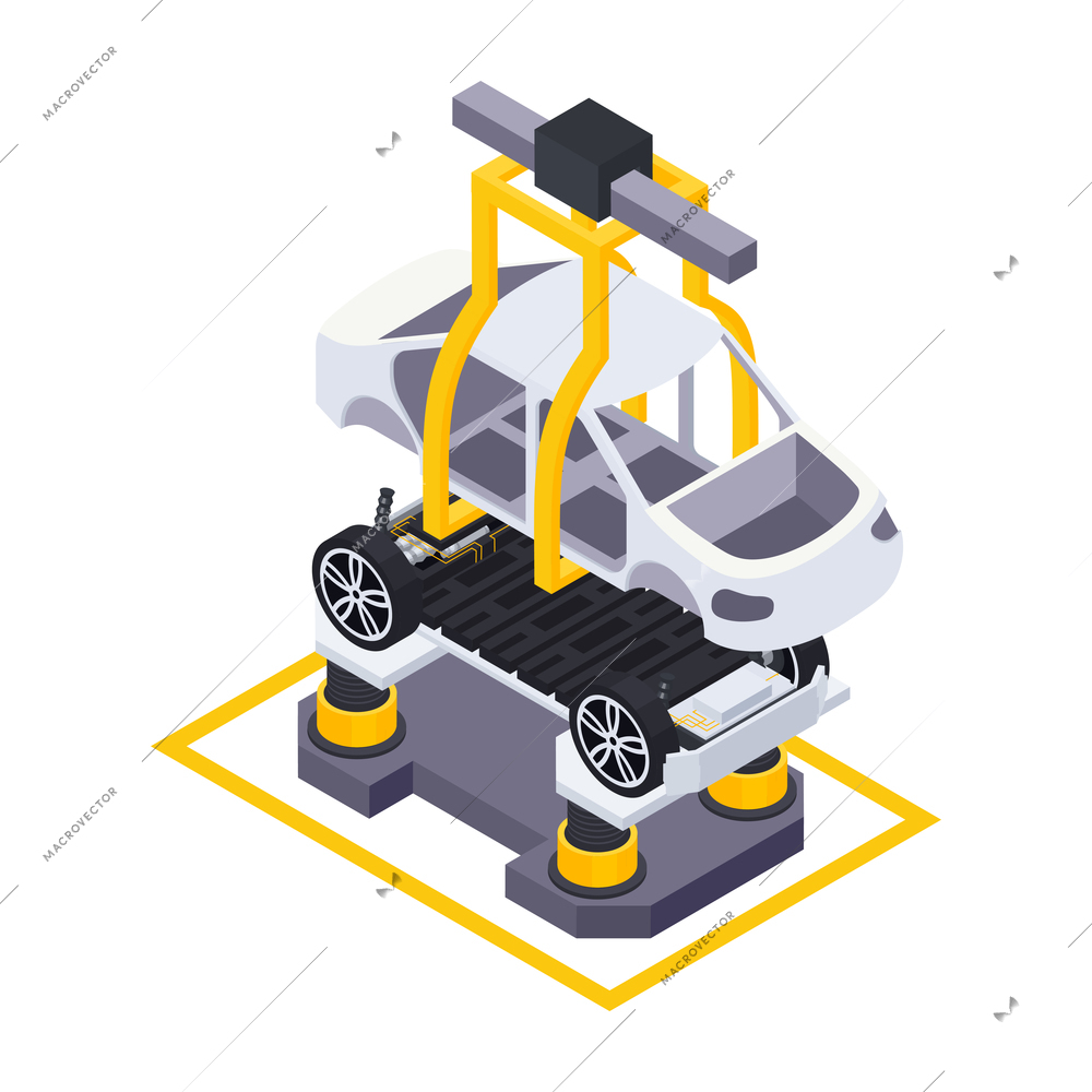 Electric vehicle production isometric composition with view of car assembly with production facilities vector illustration