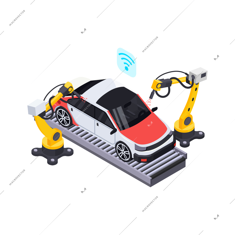 Electric vehicle production isometric composition with view of industrial manipulators assembling car with wireless sign vector illustration