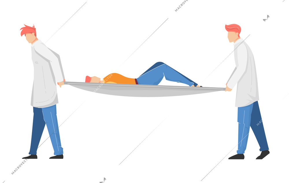 Car accident set flat composition with ambulance brigade members carrying injured person on stretcher vector illustration