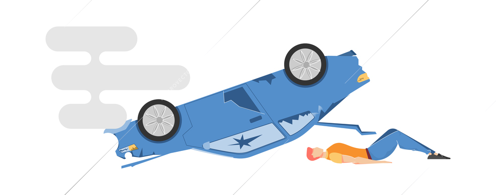 Car accident set flat composition with image of broken car turned upside down with lying man vector illustration