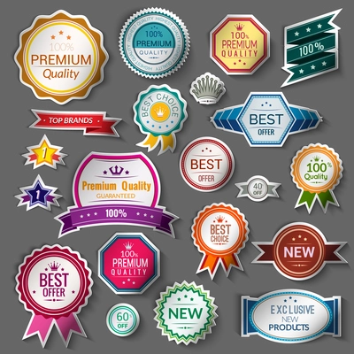 Color sale premium quality best choice exclusive stickers set isolated vector illustration
