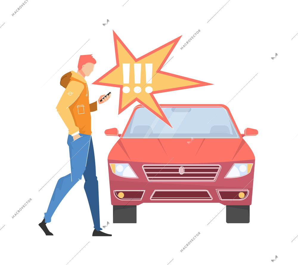 Car accident set flat composition with character of guy crossing road with smartphone and caution sign vector illustration