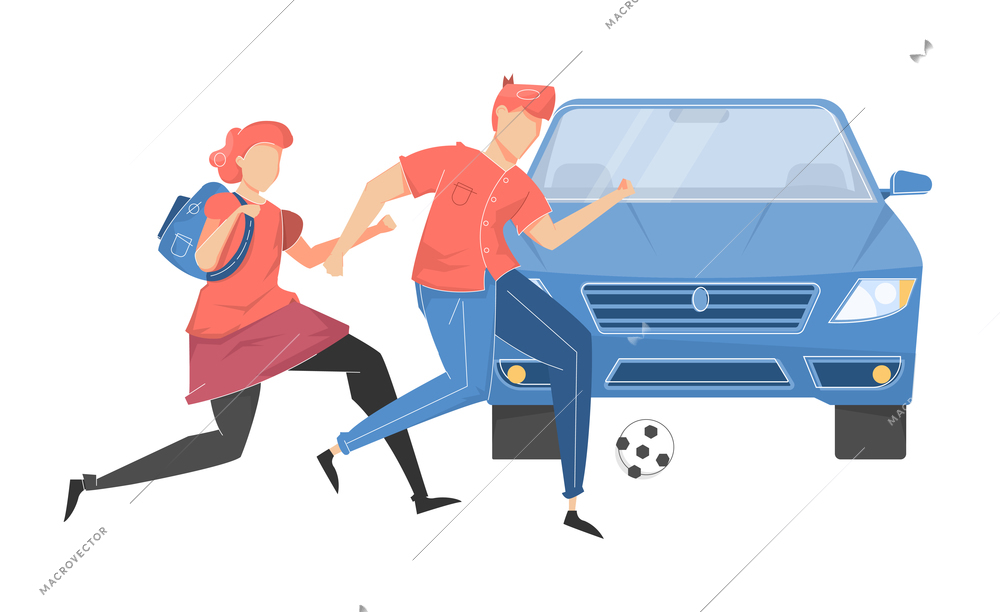 Car accident set flat composition with characters of running kids in front of moving car vector illustration