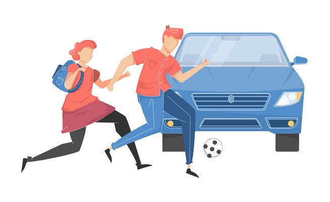 Car accident set flat composition with characters of running kids in front of moving car vector illustration