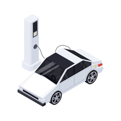 Electric vehicle production isometric composition with images of charging point column and connected car vector illustration