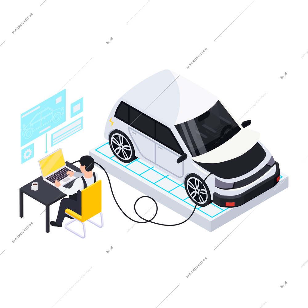 Electric vehicle production isometric composition with electric automobile connected to laptop operated by technician vector illustration