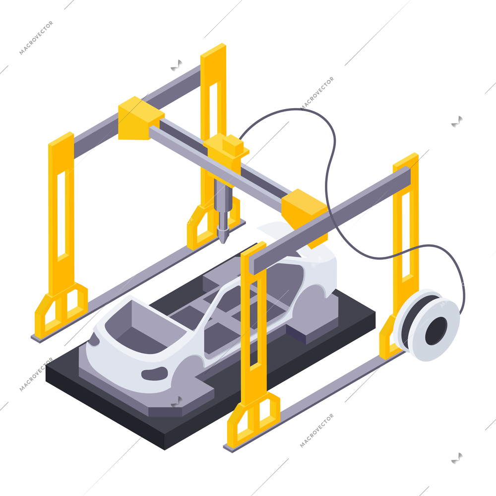 Electric vehicle production isometric composition with view of industrial conveyor for building electric cars vector illustration