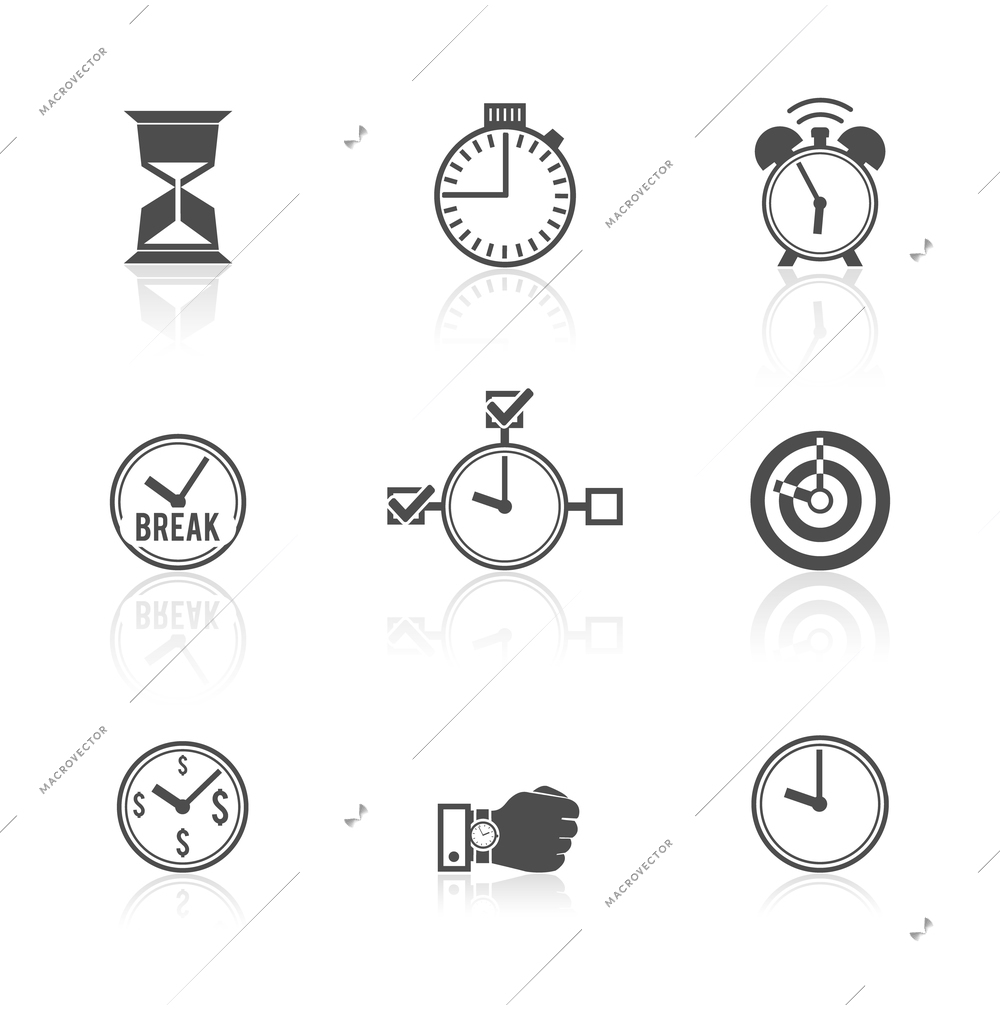 Time management strategy concept alarm clock watch hourglass pictograms symbols icons set abstract black isolated vector illustration