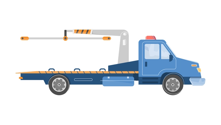 Car accident set flat composition with improved tow truck with magnets and long platform vector illustration