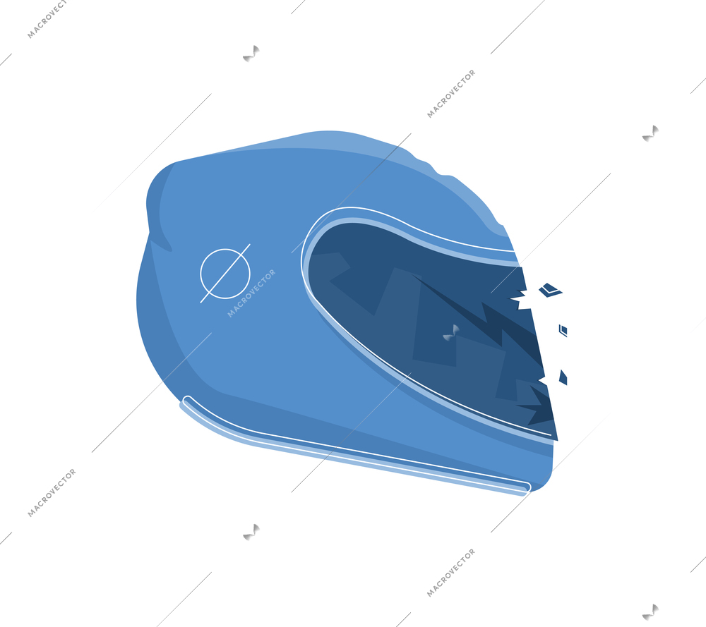 Car accident set flat composition with closeup view of motorcycle helmet with broken glass shards vector illustration