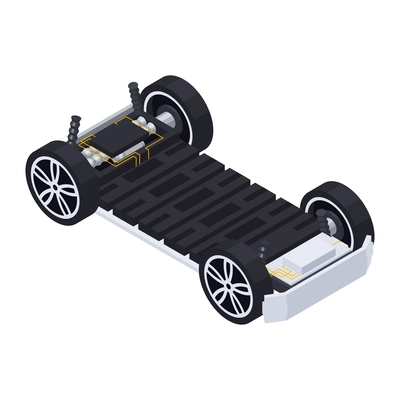 Electric vehicle production isometric composition with isolated image of assembled driving bogie on blank background vector illustration