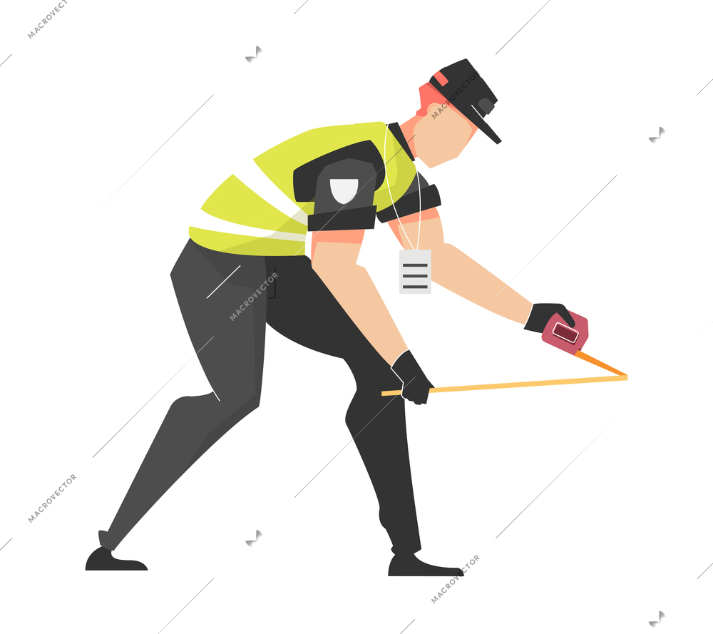 Car accident set flat composition with faceless character of road police officer with tape measure vector illustration