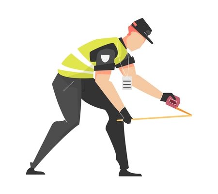 Car accident set flat composition with faceless character of road police officer with tape measure vector illustration