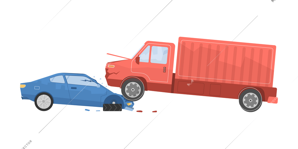 Car accident set flat composition with side view of damaged truck and car with broken tire vector illustration