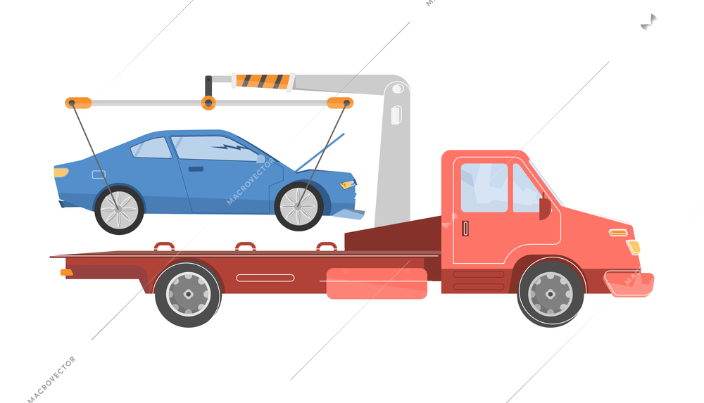 Car accident set flat composition with tow truck loading damaged car on blank background vector illustration