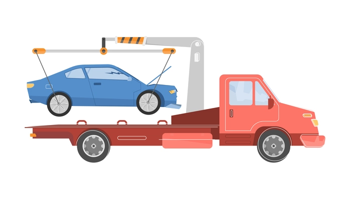 Car accident set flat composition with tow truck loading damaged car on blank background vector illustration