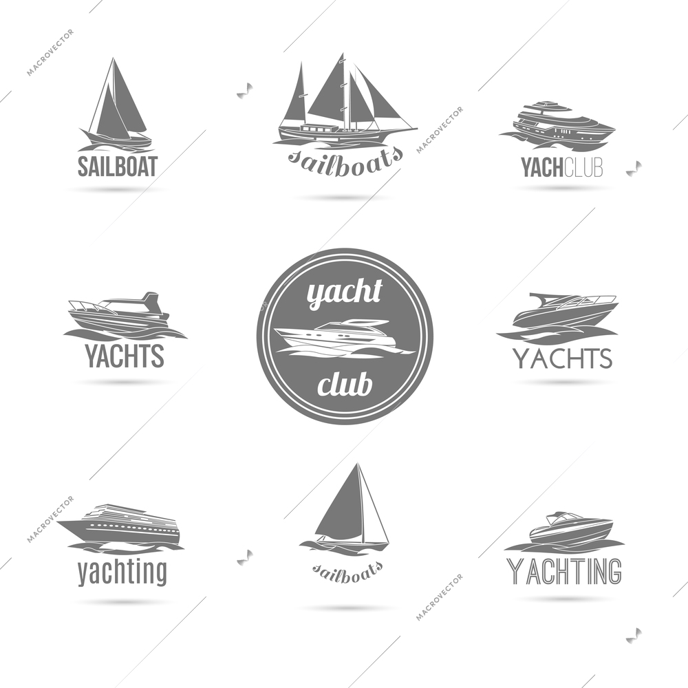 Ocean marine yacht club sail and speed motor boats black silhouettes graphic sketch emblems isolated vector illustration