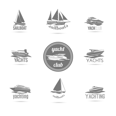 Ocean marine yacht club sail and speed motor boats black silhouettes graphic sketch emblems isolated vector illustration