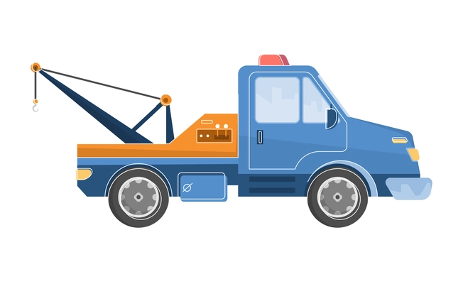 Car accident set flat composition with side view of colorful tow truck with arm and hook vector illustration