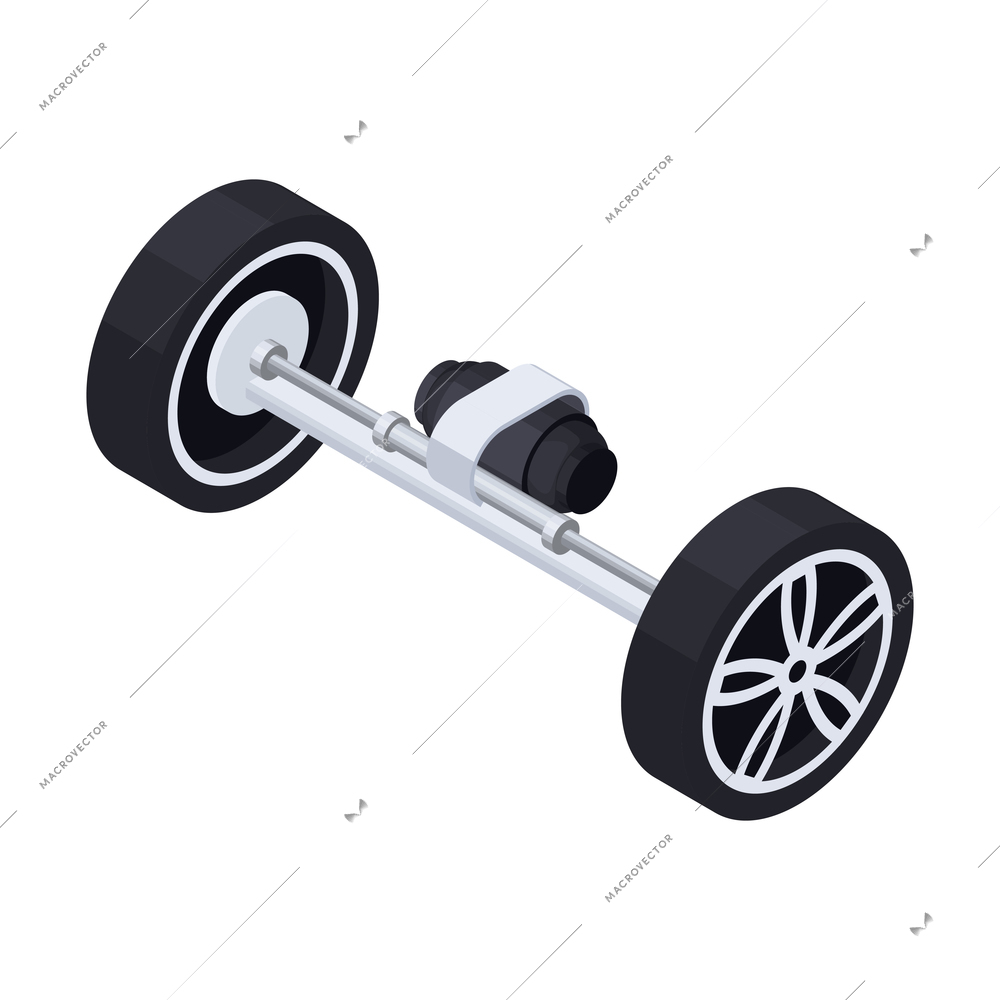 Electric vehicle production isometric composition with wheels on chassis with spinning turbine on blank background vector illustration