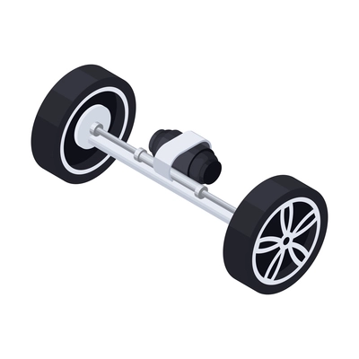 Electric vehicle production isometric composition with wheels on chassis with spinning turbine on blank background vector illustration