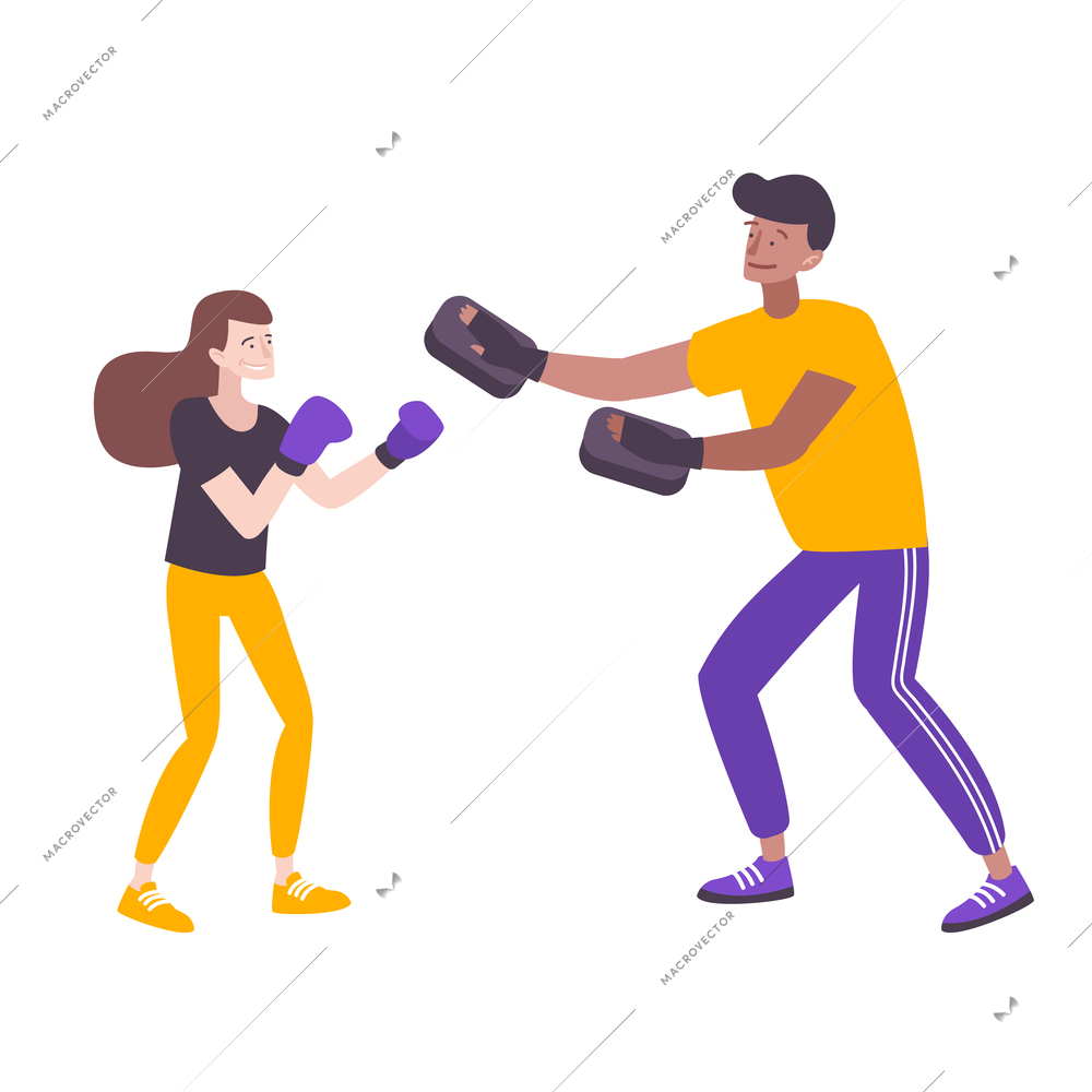 Self defense flat composition with doodle style characters of boxing woman and male instructor vector illustration