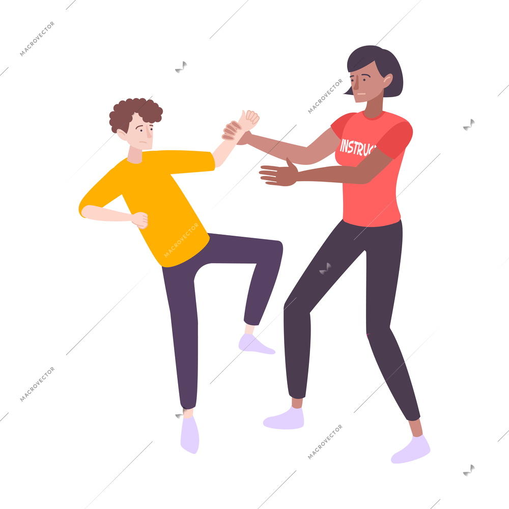 Self defense flat composition with human characters of female instructor fighting with teenage boy vector illustration