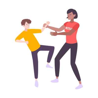 Self defense flat composition with human characters of female instructor fighting with teenage boy vector illustration