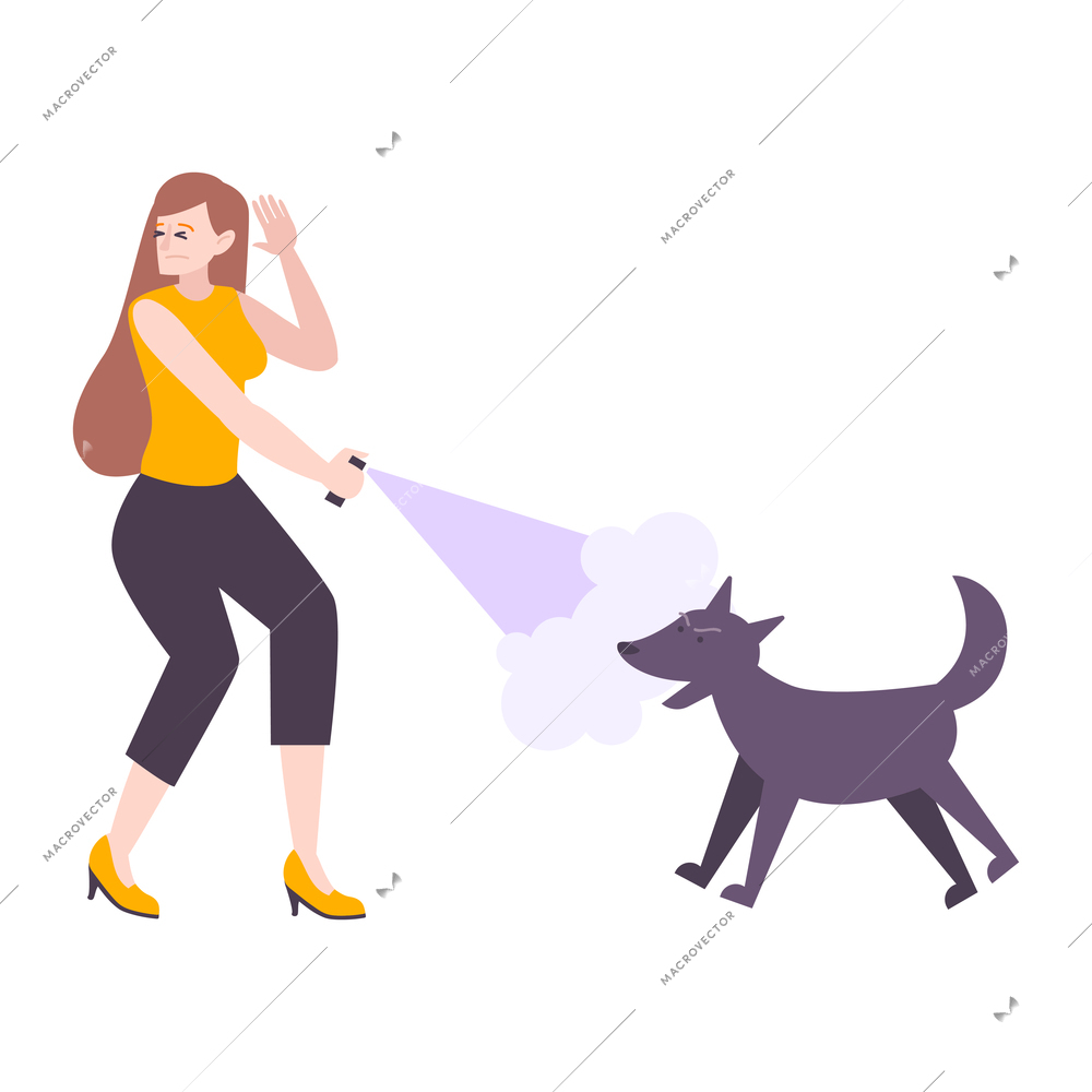 Self defense flat composition with angry wild dog and woman with pepper spray vector illustration