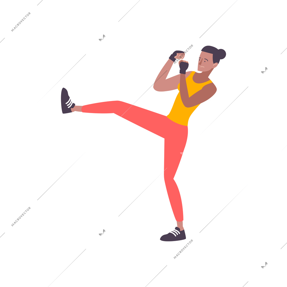 Self defense flat composition with isolated human character of man practicing leg kicks vector illustration