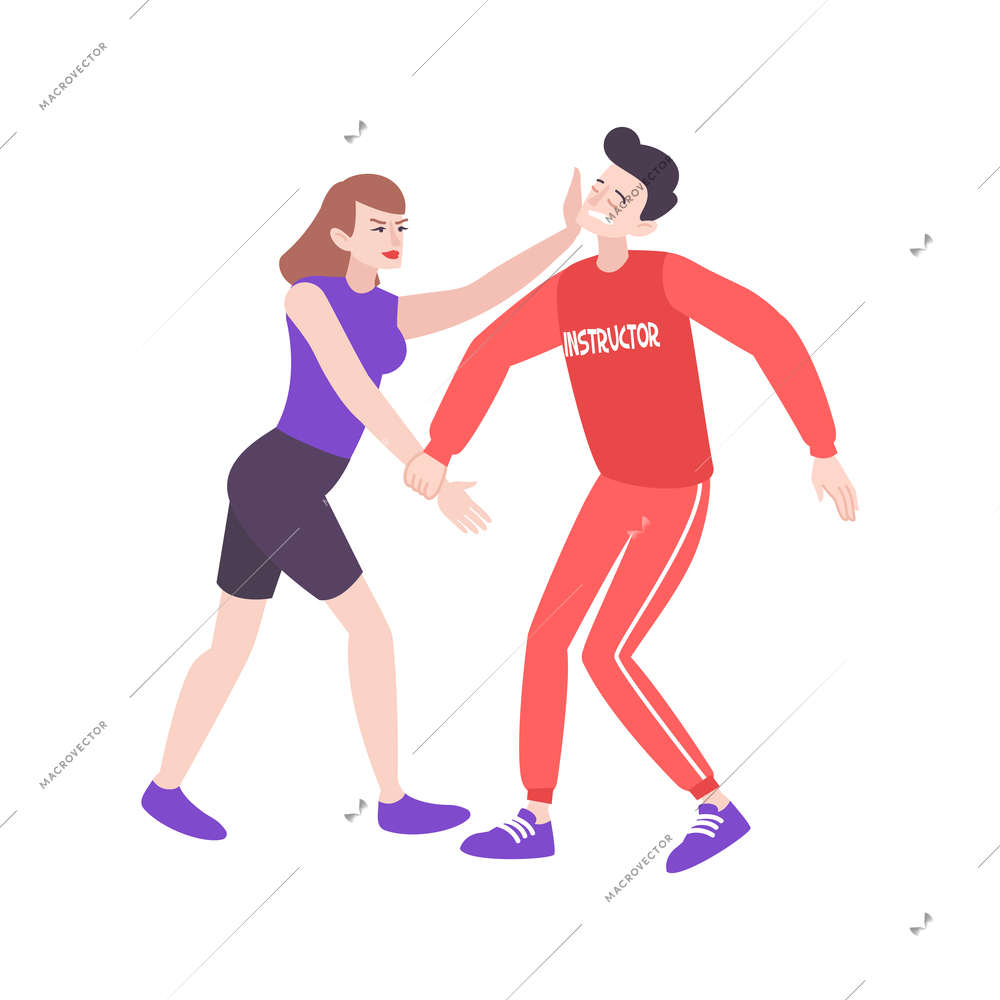 Self defense flat composition with characters of female trainee fighting with male instructor vector illustration