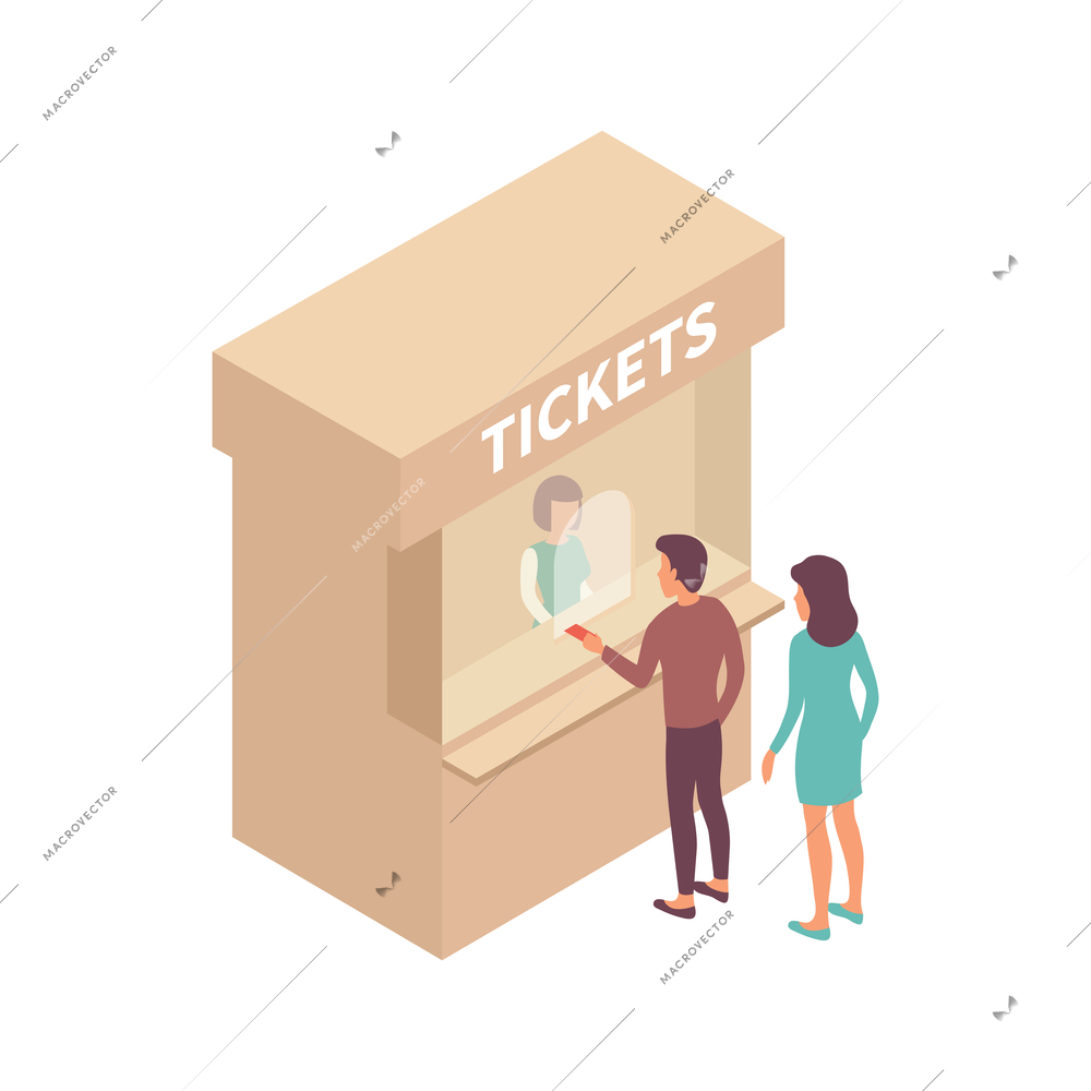 Public transport people isometric composition with view of ticket office stall with cashier and passengers vector illustration