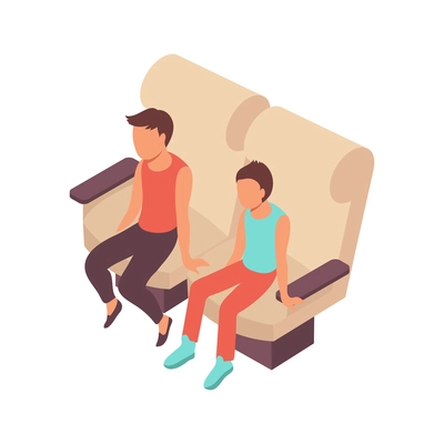 Public transport people isometric composition with faceless characters of teenagers occupying soft seats vector illustration