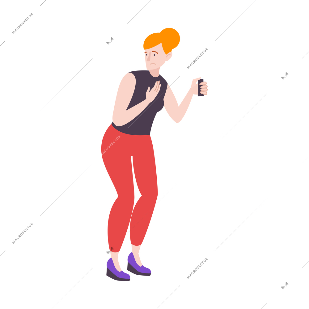 Self defense flat composition with human character of worried woman holding pepper spray vector illustration