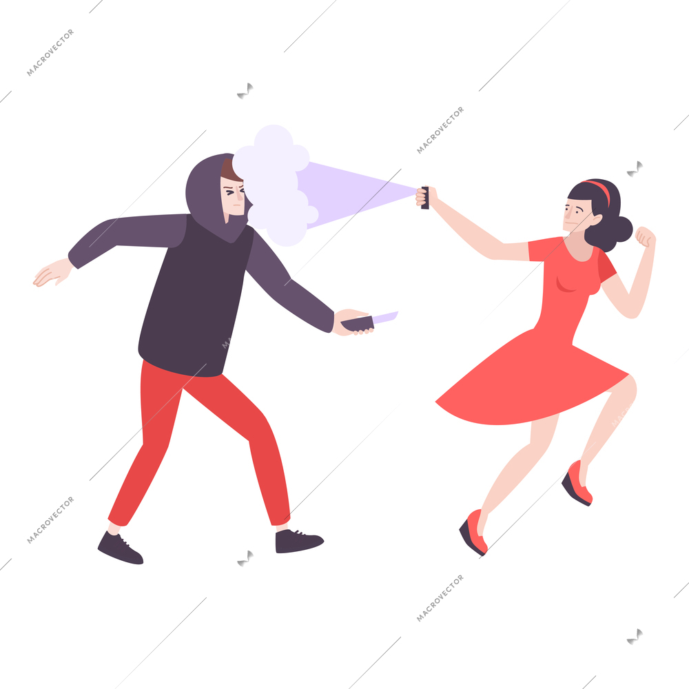 Self defense flat composition with woman running from robber with knife spraying pepper vector illustration