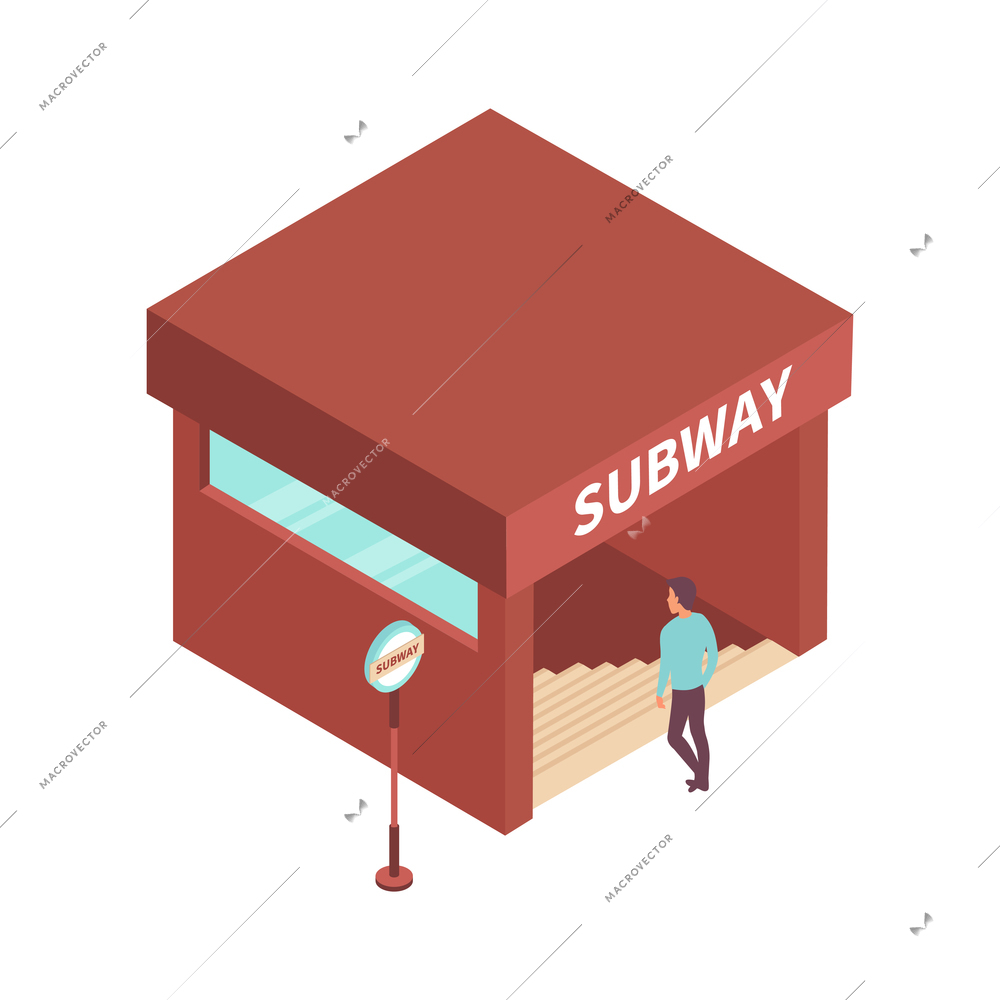 Public transport people isometric composition with view of entrance to subway with sign and male character vector illustration