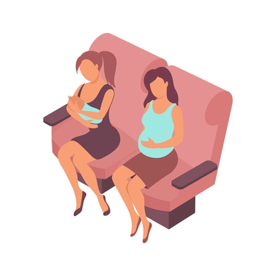 Public transport people isometric composition with pregnant and breast feeding women characters on transport seats vector illustration