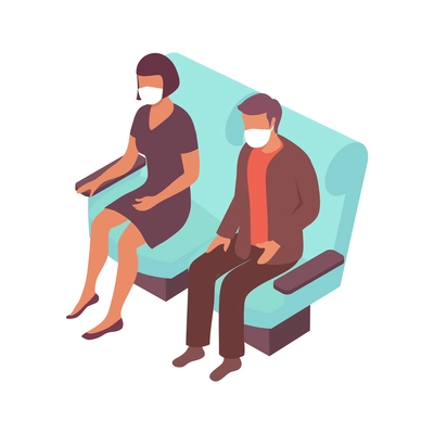 Public transport people isometric composition with human characters taking seats wearing protective masks vector illustration