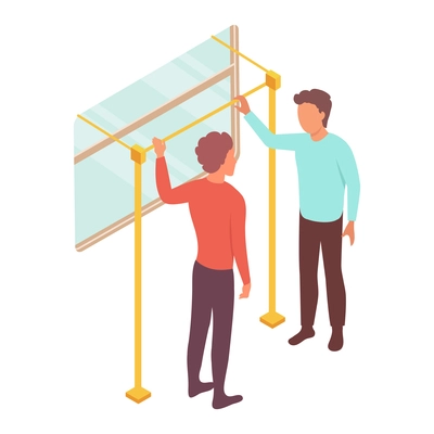 Public transport people isometric composition with faceless human characters holding on hand rail vector illustration