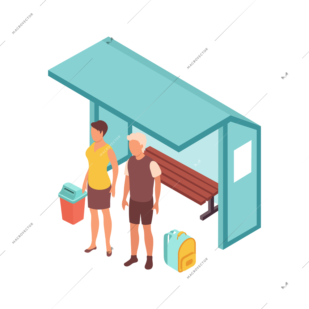 Public transport people isometric composition with bus stop shelter and faceless characters of waiting passengers vector illustration