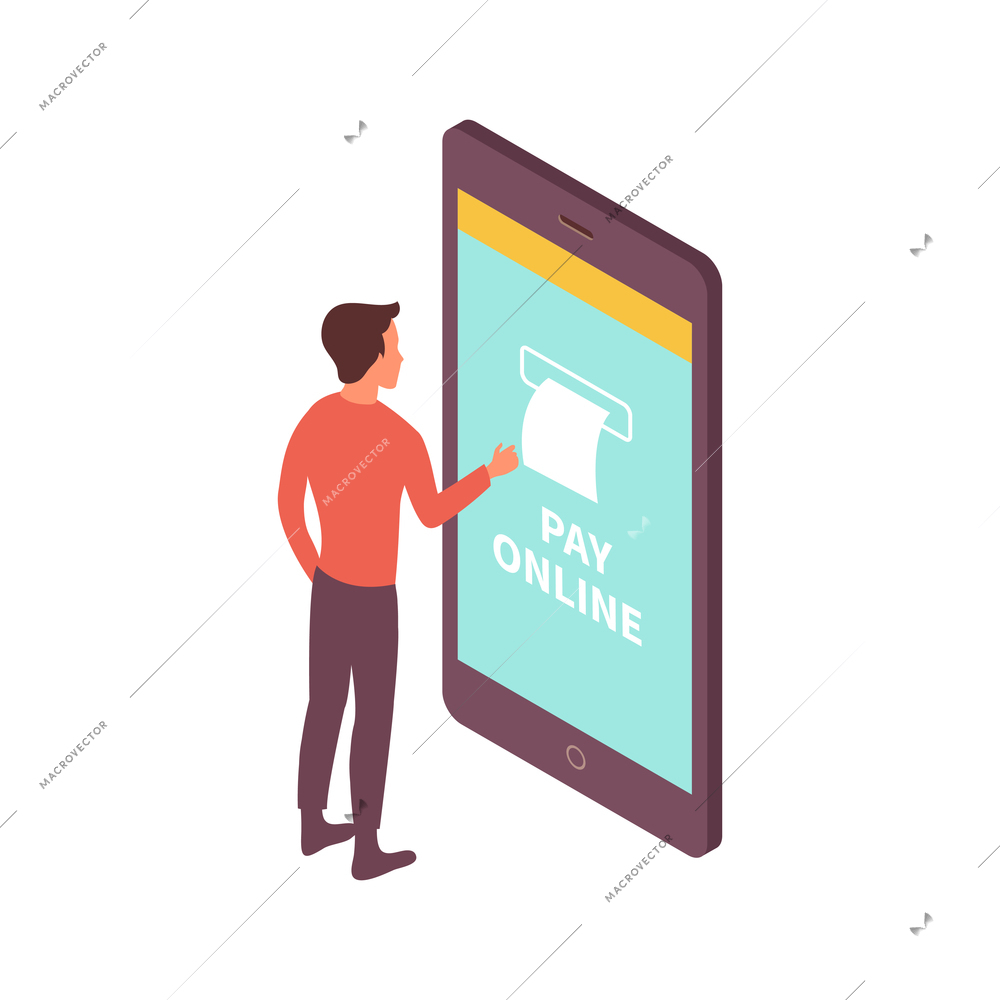 Public transport people isometric composition with smartphone terminal and character of guy paying online vector illustration