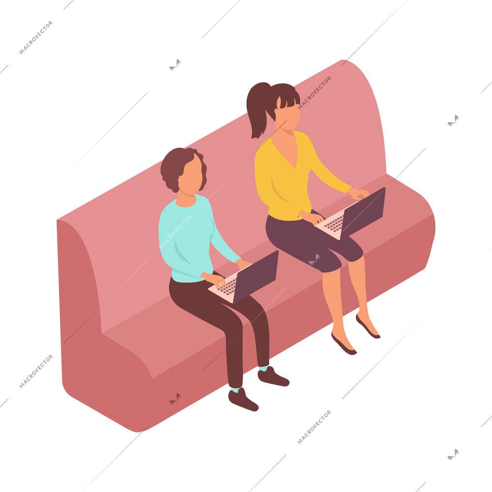 Public transport people isometric composition with characters of girls sitting on coach working with laptops vector illustration