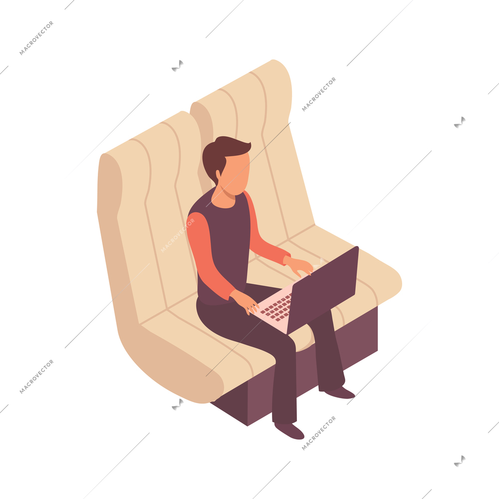 Public transport people isometric composition with soft seats and sitting man with laptop vector illustration