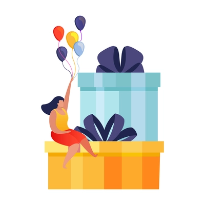 People with gifts flat composition with set of gift boxes and sitting woman with balloons vector illustration