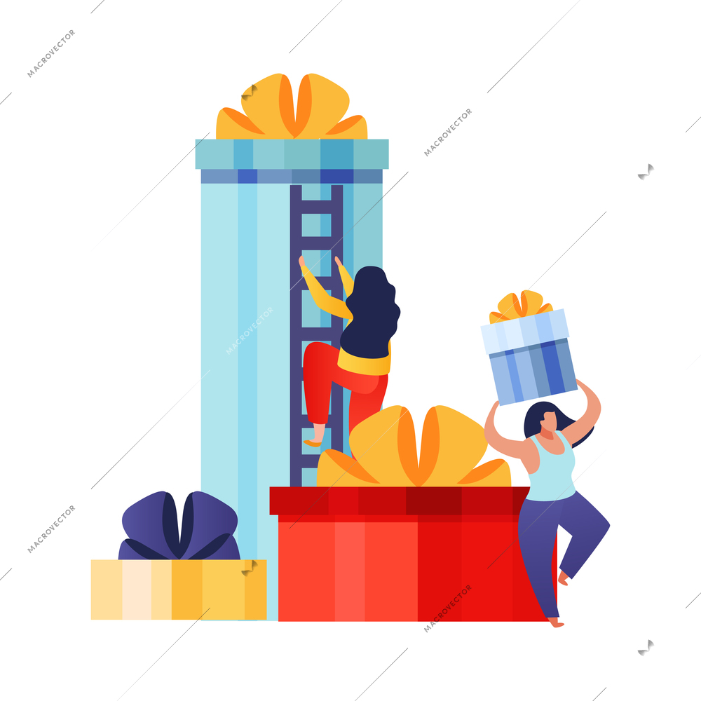 People with gifts flat composition with female characters with ladder and colorful gift boxes vector illustration